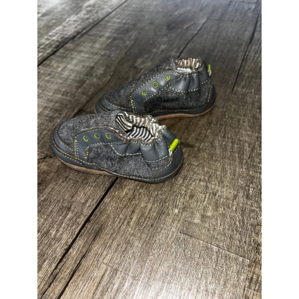 Robeez Baby Boys Grey Leather Denim Soft Sole Crib Shoes Lime Green Accents